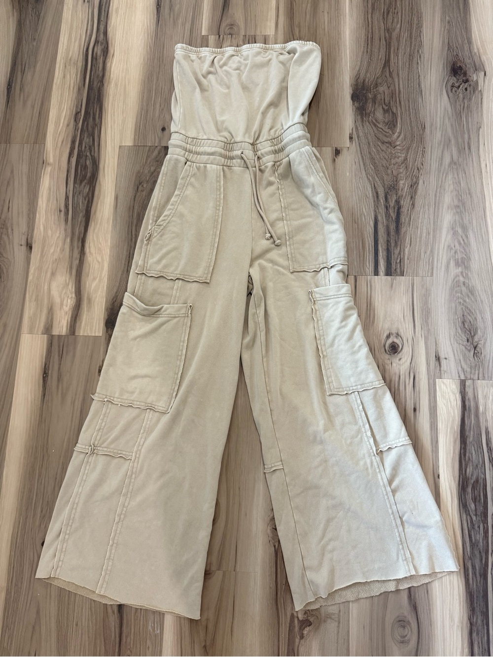 Wide-Leg Cargo Jumpsuit in Beige - Strapless Utility Style